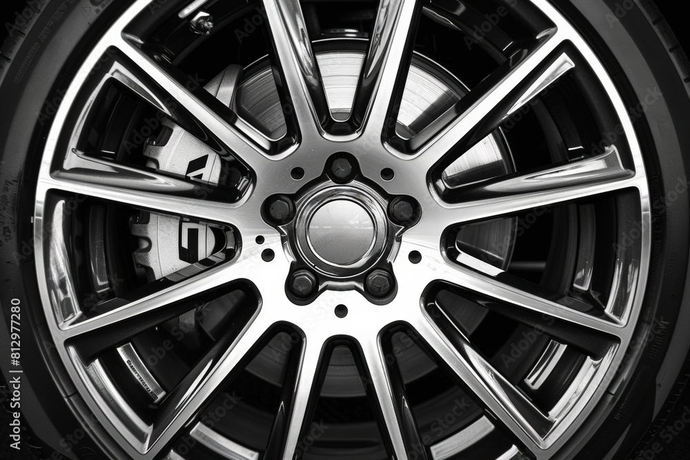 Team of professionals working together in a car care center, Monochrome wheel close-up, sleek alloy design, reflects precision engineering. Abstract perspective on automotive elegance. Team of professionals working together in a car care center, Monochrome wheel close-up, sleek alloy design, reflects precision engineering. Abstract perspective on automotive elegance.