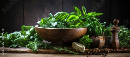 A closeup view of various fresh herbs placed in a wooden bowl on a table leaving room for text or other visual elements in the image. Copyspace image