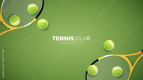 Tennis racket and tennis ball on green background with copy space foe text, Illustration for Tennis sports concept, Vector Illustration EPS 10