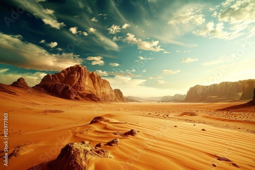 a desert landscape with mountains and blue sky