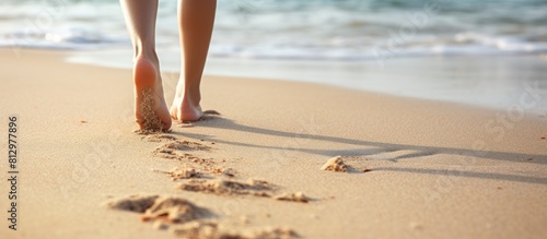 Image of female feet strolling across the sandy beach with plenty of room for text or graphics. Copyspace image