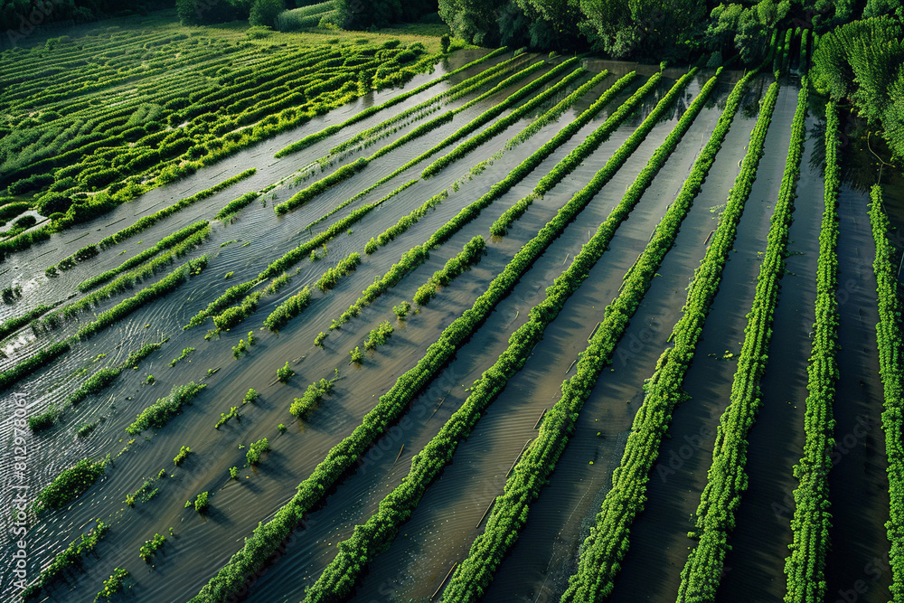 Top view of a flooded agricultural field, rows of crops submerged under rainwater, a devastating sight Top view of a flooded agricultural field, rows of crops submerged under rainwater, a devastating sight