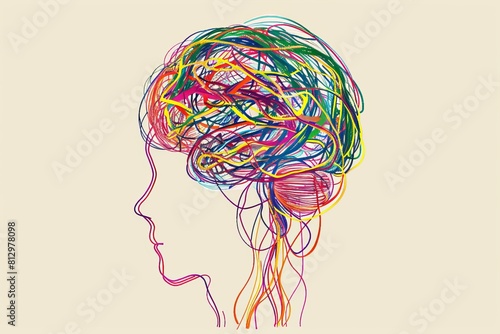 a drawing of a woman's head with colorful tangled hair