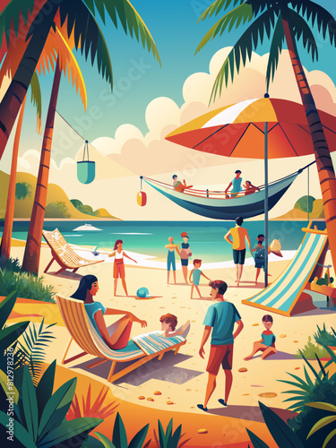 Vibrant Tropical Beach Scene with Relaxing Vacationers and Palm Trees
