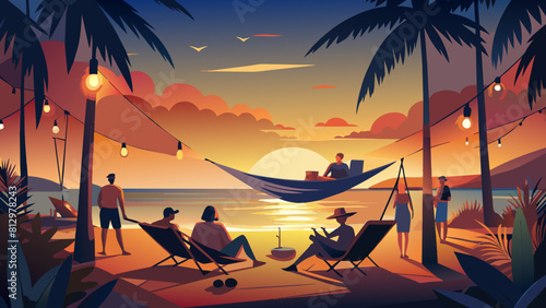 Tropical Beach Sunset with Relaxing Vacationers and Hammock