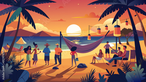 Tropical Beach Sunset Gathering with Friends