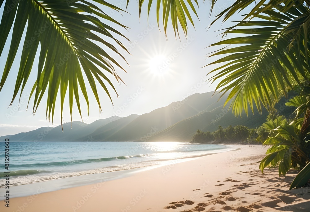 Fototapeta premium summer season theme with leafs of palm trees covered with shiny sun at beach behind Beach and Sea season theme