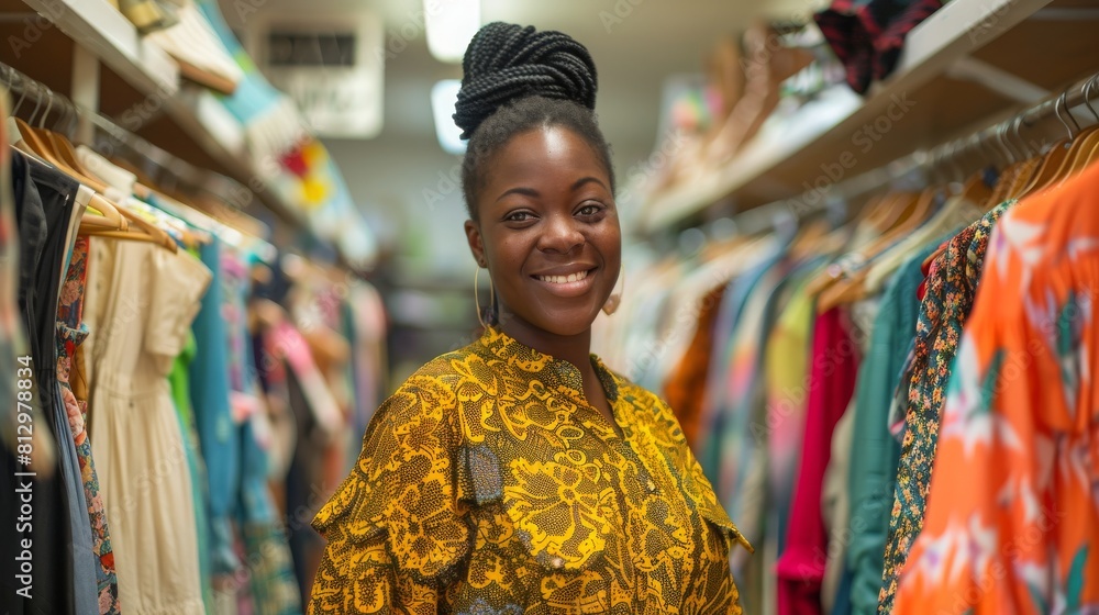 Happy woman stands in a fashion store, carefully choosing clothing items to buy. She browses through racks of stylish clothes, examining each one closely before making a decision. Happy woman stands in a fashion store, carefully choosing clothing items to buy. She browses through racks of stylish clothes, examining each one closely before making a decision.