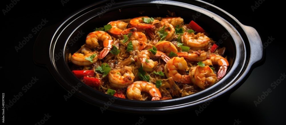 A copy space image of garlic prawns cooked in a crock pot presented on a white background A copy space image of garlic prawns cooked in a crock pot presented on a white background
