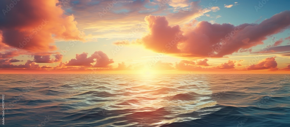 Copy space image of a stunning sea sunset with majestic clouds as the sun sets over the ocean s horizon Copy space image of a stunning sea sunset with majestic clouds as the sun sets over the ocean s horizon