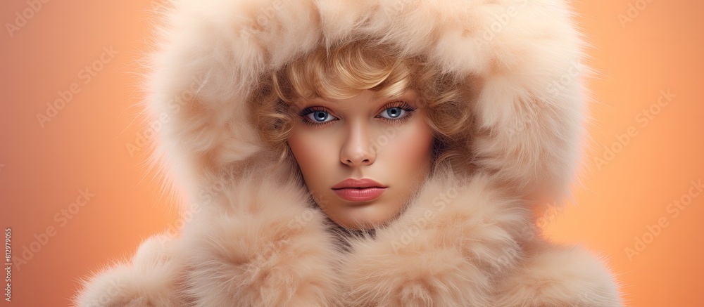 A fashion doll wearing a trendy fur hat with ample copy space in the image A fashion doll wearing a trendy fur hat with ample copy space in the image