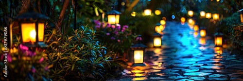 Outdoor garden lighting in the back yard of a house