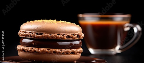 Close up image of a decadent French chocolate macaroon with a creamy coffee filling perfect for indulging in sweets and desserts The macaroon is set against a plain background leaving space for text