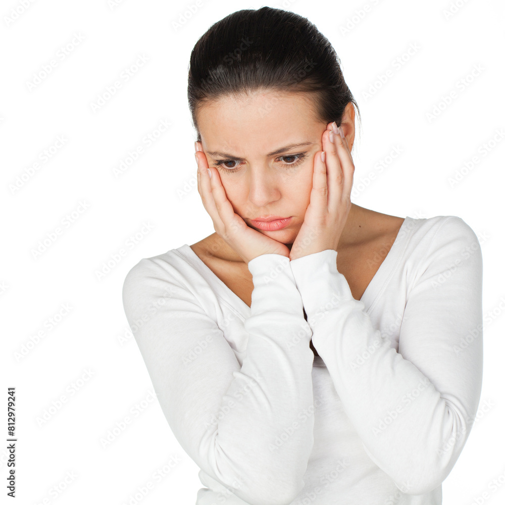 Stressed and depressed young atractive brunette woman, isolated on white Stressed and depressed young atractive brunette woman, isolated on white