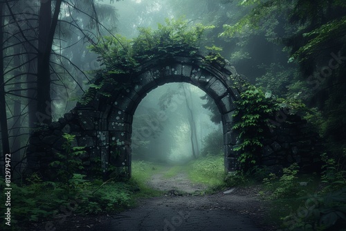 a stone arch in a forest