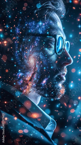 Double exposure of business executive with a holographic smart technology interface and a deep space galaxy scene,