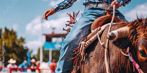 Cowboy rides bull at rodeo photo