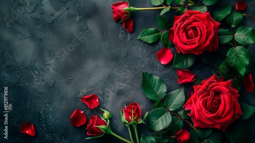 Red roses on textured background. Top view flat lay.  Copy space © STOCK IMAGES STALL