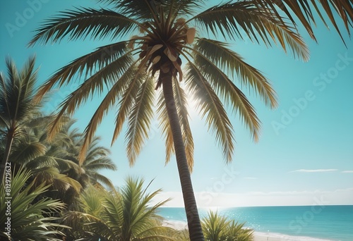 summer season theme with leafs of palm trees covered with shiny sun at beach behind Beach and Sea season theme