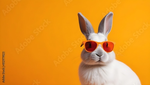 A rabbit wearing sunglasses against a bright orange background