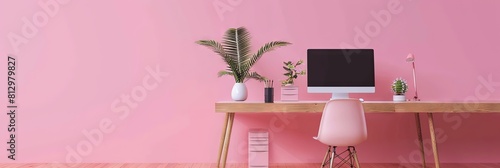 Home office with pink walls - computer monitor on workstation desk