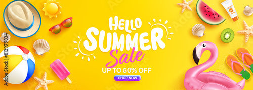 Colorful Summer Sale Banner or Poster template with Hat,Sunglasses, Watermelon, Ice Cream, Beach and Tropical Elements, Vibrant Summer Sale Advertisement.Vector of Bright Summer Sale Banner