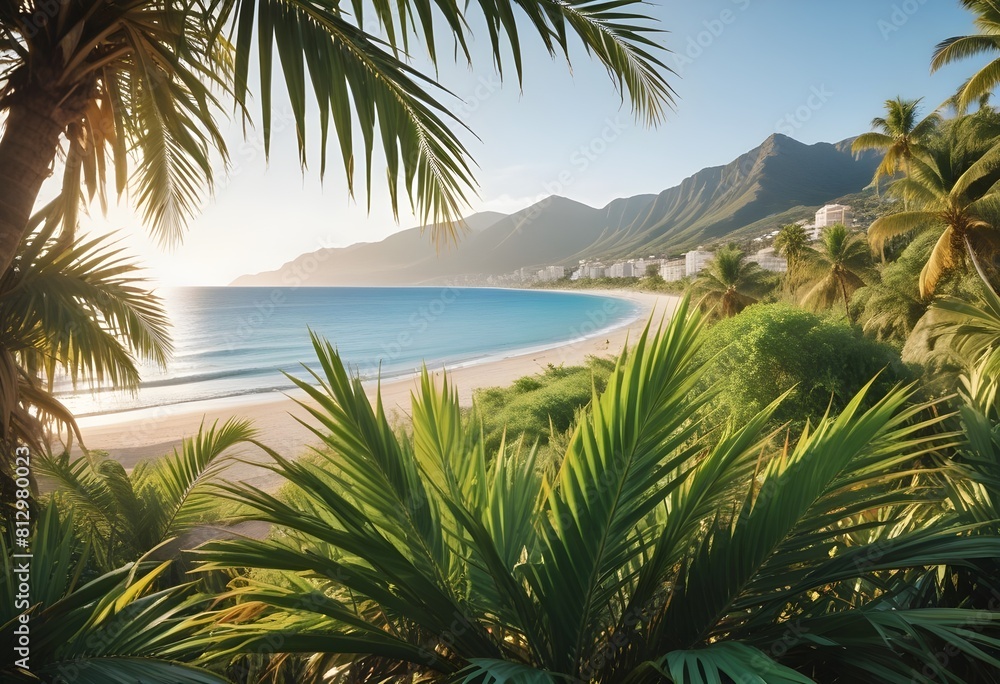 Fototapeta premium summer season theme with leafs of palm trees covered with shiny sun at beach behind Beach and Sea season theme
