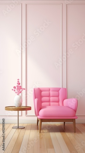 3d rendering of  Pink tufted armchair and pink flowers in a pink room.