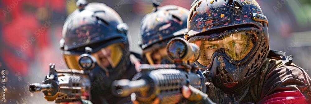 Fototapeta premium A group of teenagers playing paintball with protective gear