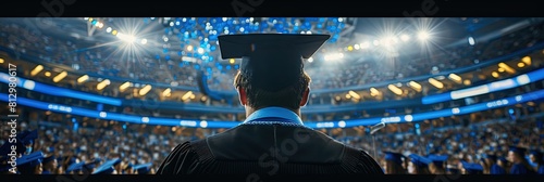 Valedictorian gives commencement speech to group of student graduates in caps and gowns at school graduation photo