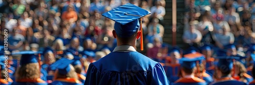 Valedictorian gives commencement speech to group of student graduates in caps and gowns at school graduation