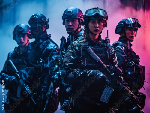A group of soldiers stand in a line, all wearing black and holding guns