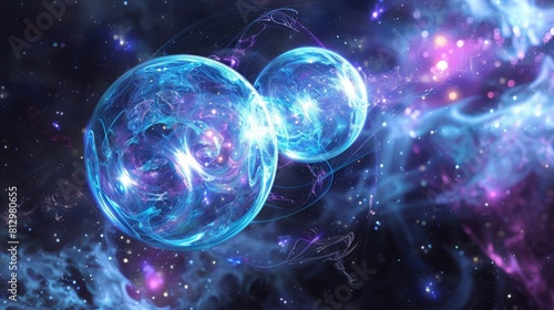 Two blue spheres floating in space with a purple background