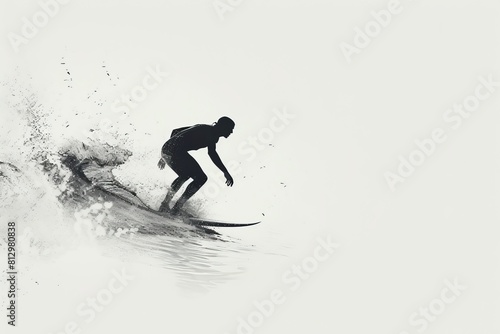 Silhouette of a man surfing in the ocean white background