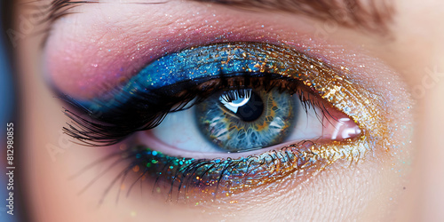 Close-up of beautiful woman's eye in vivid eyeshadow blue and gold and sparkles.
Stunning close-up view of a woman's Eeye revealing beauty in every detail. photo