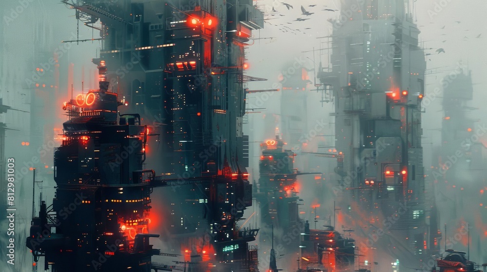 A digital painting of a cyberpunk cityscape