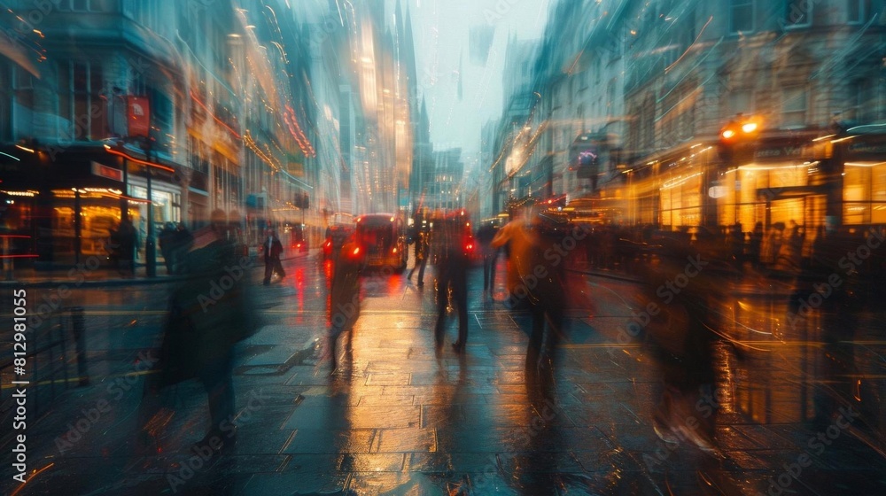 A long exposure photograph capturing the bustle of a city street with pedestrians A long exposure photograph capturing the bustle of a city street with pedestrians