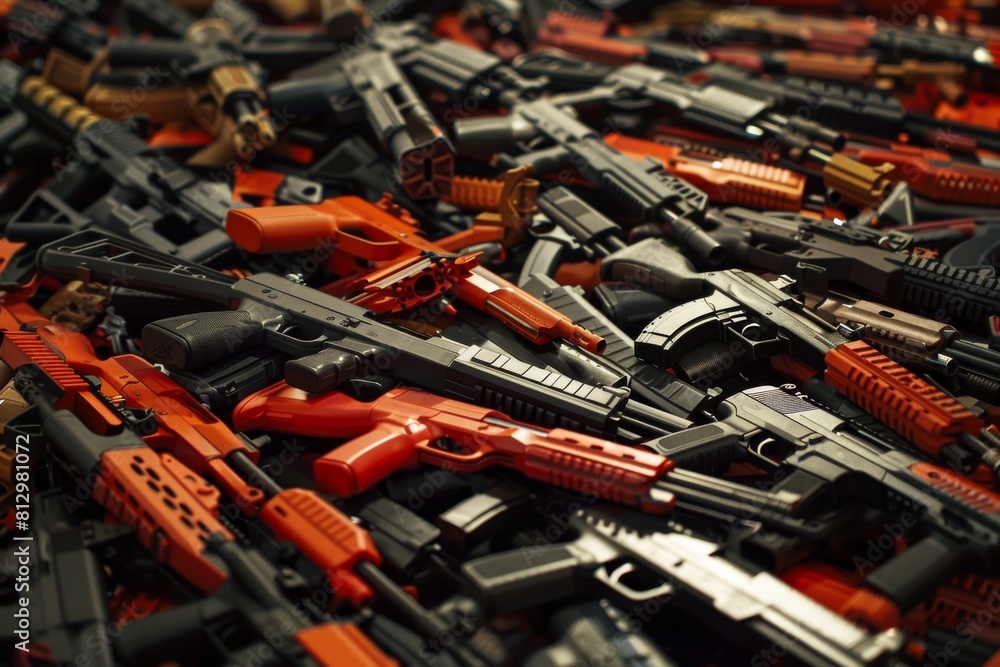 A pile of guns, some of which are orange and some of which are black