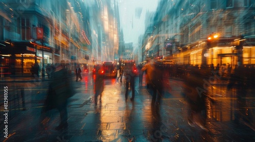 A long exposure photograph capturing the bustle of a city street with pedestrians © Pairat