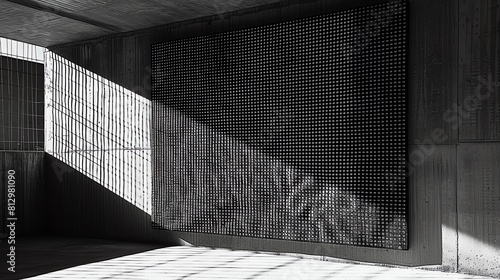 Abstract minimalist art on a plain wall, bold geometric shapes in black and white, focusing on form and space photo