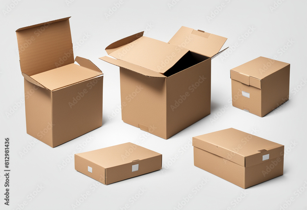 Fototapeta premium Set of packaging boxes for storage, industry, offices. Assorted sizes. Big, medium and small cases. White background. Cardboard boxes. Kraft paper