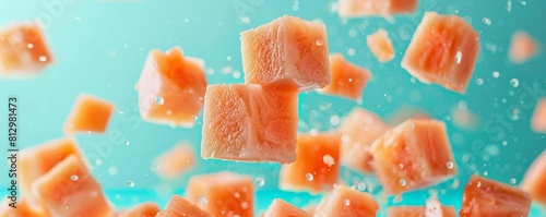 Slowmotion depiction of chopped papaya pieces against a pale turquoise backdrop