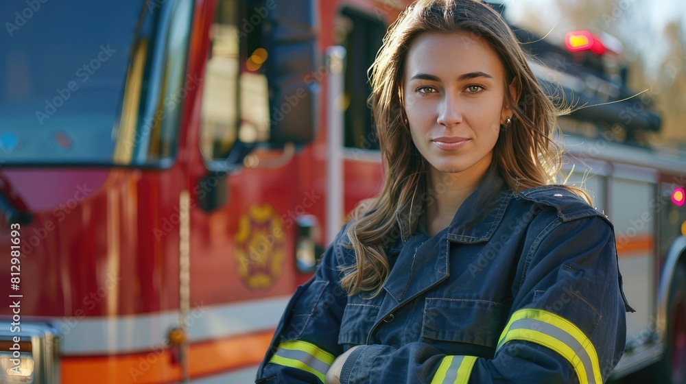 Attractive Female Fire fighter woman posing in front of a fire truck with her arms crossed. 
