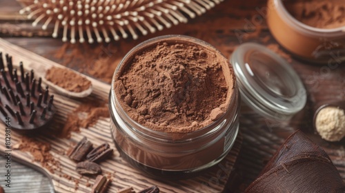 Homemade dry shampoo in a jar made of powder corn starch, baking soda, cacao and essential oil for brunette.  DIY cosmetics. Fast and easy way to keep your hair clean. photo