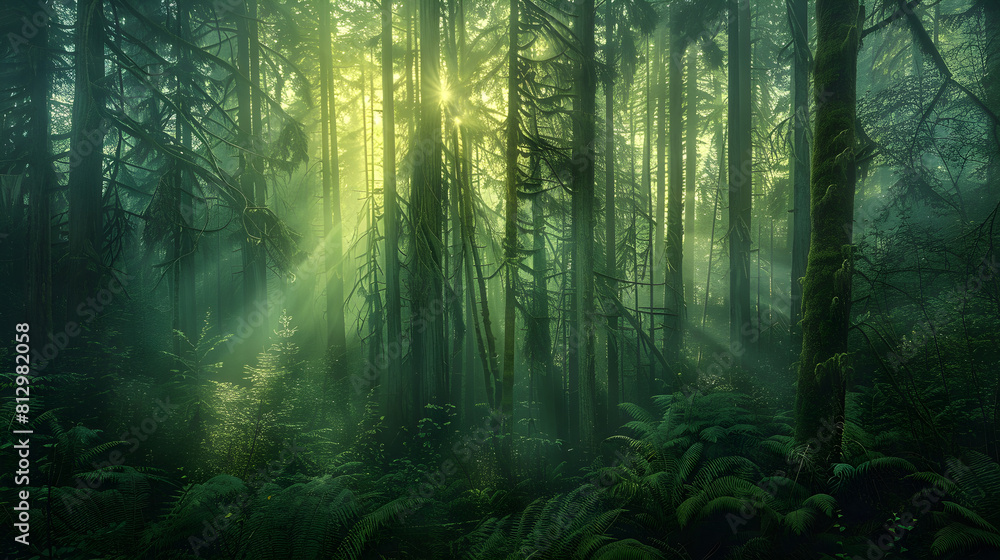 Emerald Dawn: A Misty Morning's Light Revealing a Pristine Forest's Hidden Beauty