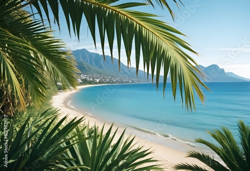 summer season theme with leafs of palm trees covered with shiny sun at beach behind Beach and Sea  season theme © Hdesigns