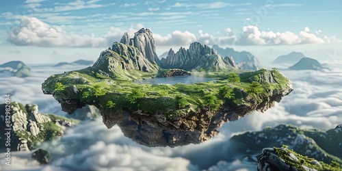Floating island in the sky - natural plants, mountains, and ground - 3D animation style photo