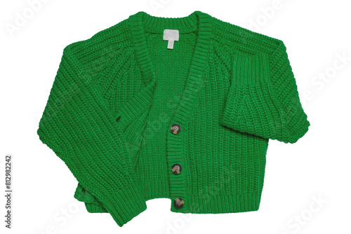 Casual elegant fluffy long-sleeved cardigan with V-neck and button closure isolated on a white background. Womens green sweater or jumper. Autumn and winter fashion.