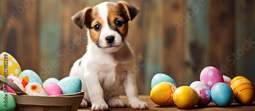 The close up indoor studio shot is a cute puppy next to a basket of Easter eggs The image is well lit with natural daylight making it perfect for celebrating with family loved ones relatives friends photo