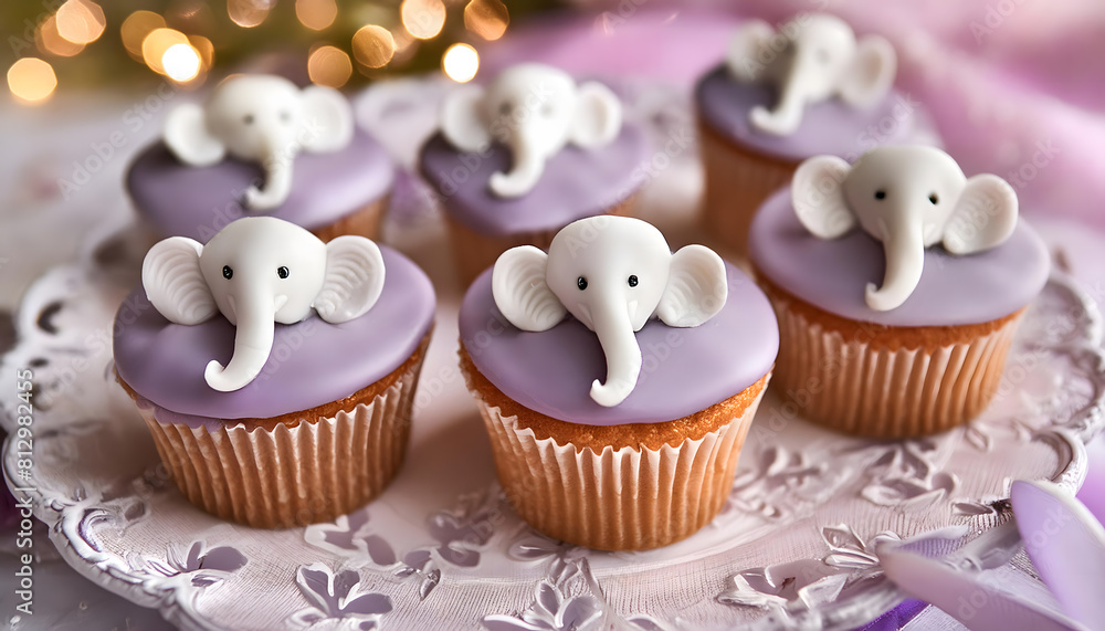 Fototapeta elefanten, cup, cakes, neu, modern, pastell, Lila, violet, hintergrund, karte, süss, elefant, glasur, viele, weiss, muffins, gestalten, kreativ, köstlich, kindergeburtstag, glückwunsch, copy space,
